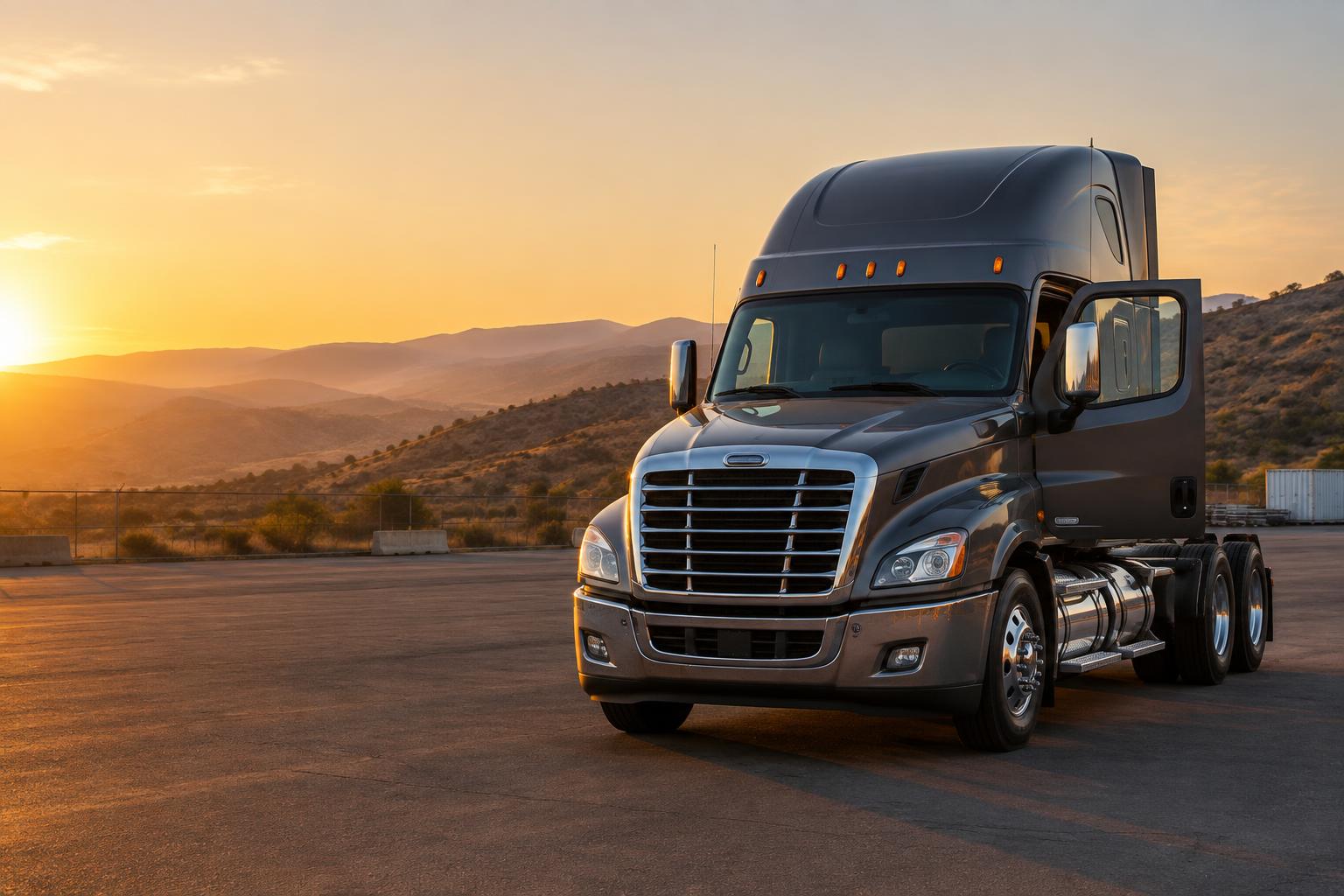 A diesel truck tractor parked in an industrial yard at golden hour