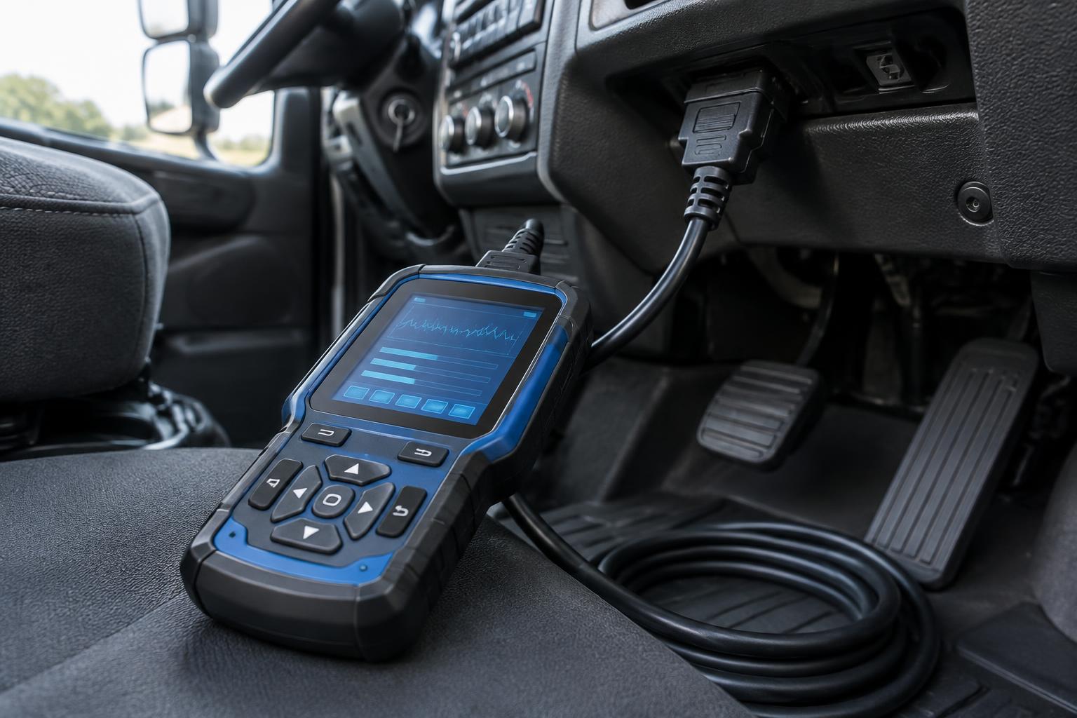 A handheld diagnostic scanner plugged into a truck's OBD port